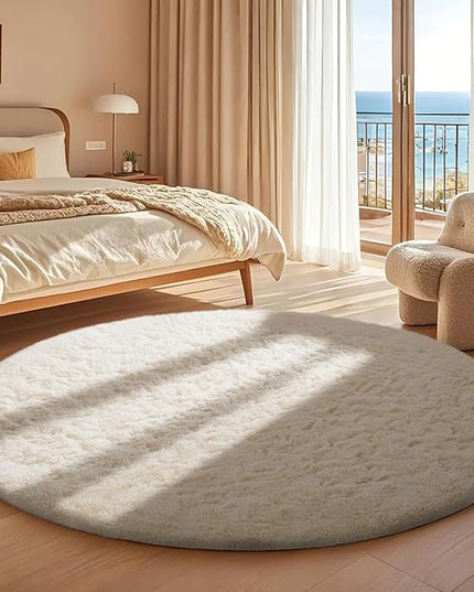 Ophanie Round Rugs 5Ft Ivory Circle Area Rug, Nursery Room Decor, Christmas Aesthetic Bedroom Home Circular Carpet 5 Foot, Fluffy Fuzzy Shag Plush Cream Living Room Rugs for Kids Boys Girls Teen Baby