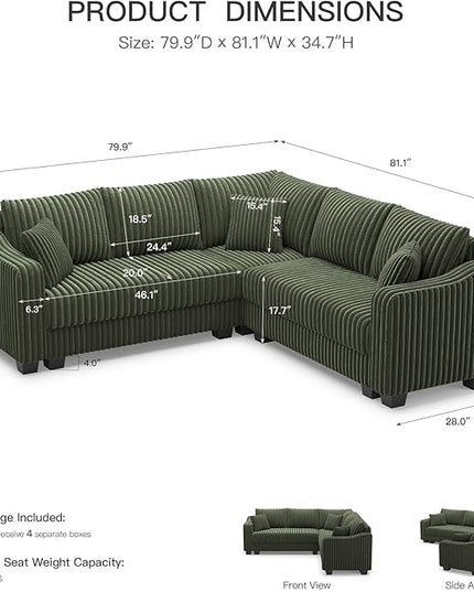 Belffin Convertible Sectional Couch with Chaise Corner Sectional Sofa L Shaped Couch Reversible Corner Upholstered Couches for Living Room Corduroy (Green, V Shaped)