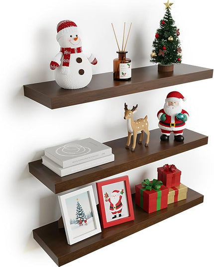 Floating Shelves for Wall, 23.6 inch Long Set of 3 Wood Rustic Wall Mounted Shelves, Display Shelf with Invisible Heavy, Large Deep Shelves for Home Decor & Storage for Living Room, Kitchen