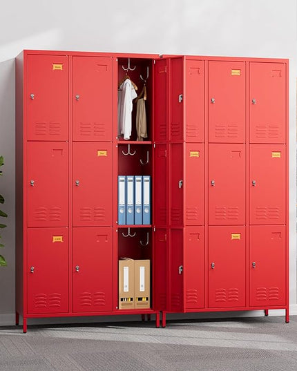 Aobabo New 9 Doors Metal Storage Locker for Employees, Lockable Steel Locker with Name Card Slot and 27 Hooks for School Office Gym Garage, Red, Assembly Required