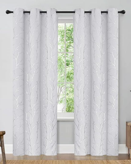 BUHUA 72 Inch Length Curtains, Insulated Blackout Curtains, Grommet Top Bedroom Curtains 2 Panels Set with Elegant Silver Tree Branches Print, 38W x 72L, Greyish White