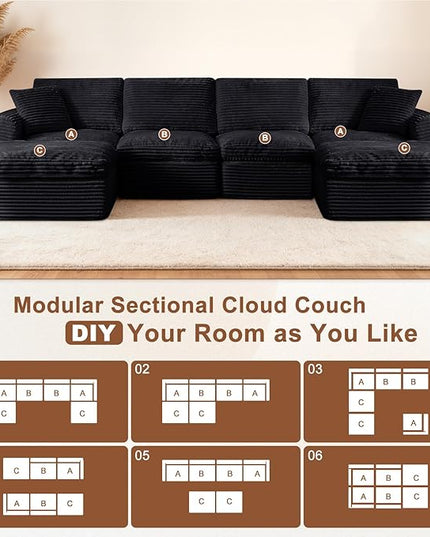 138” Modular Sectional Sofa Couches U Shaped Couch 4 Seater Cloud Sofa Memory Foam Sectional Couches for Living Room, Boneless Couch with Ottoman, Corduroy, Black