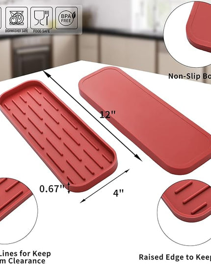 Silicone Kitchen Sink Organizer Tray for Multiple Usage,Eco-Friendly Sponges Holder for Kitchen Bathroom Counter or Sink,Dish Soap Dispenser,Scrubber,Bottle,Cup (Red, 12"×4")