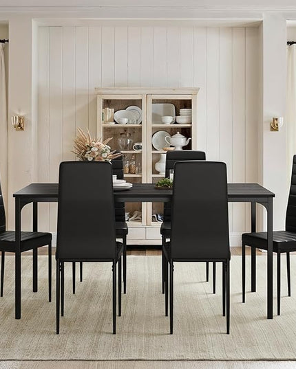 Gizoon Dining Table Set for 6, Kitchen Table Chairs Set of 6, 7 Piece Kitchen Table Set with 6 Upholstered PU Leather Chairs for Dining Room, Living Room, Apartment, Small Space, Black