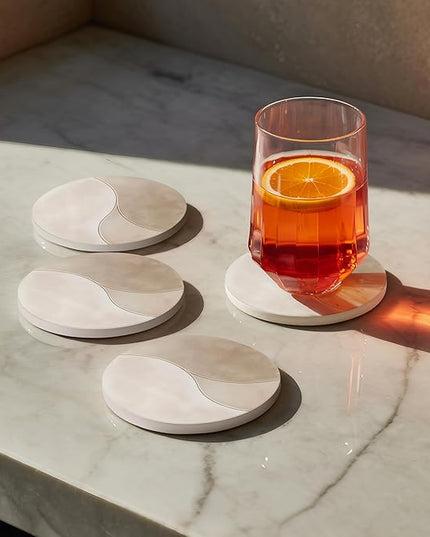 VEYRO Coasters Set of 4 for Drinks – Absorbent Ceramic Stone Drink Coasters with Cork Backing for Coffee Table & Desk, Modern Marble Look Cup Coaster Set, Housewarming Gift for New Home