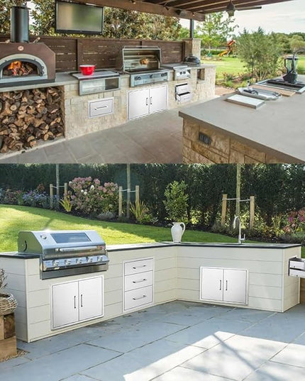 Outdoor Kitchen Drawers Stainless Steel 2-Drawer BBQ Drawer 14" W x 15" H x 23" D Enclosed Built-in Drawer Flush Mount for Outdoor Kitchens & BBQ Islands