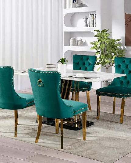 SoarFlash Velvet Dining Chair Set of 6, Upholstered Tufted Dining Room Chair with Nailhead Trim and Solid Gold Plated Leg for Kitchen (Green)