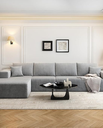 135.4" Cloud Modular Sectional Sofa Couch with L-Shape Chaise,Modern Minimalist Upholstered Couches for Living Room Bedroom,Deep Seat Corner Couch，No Assembly Required (Grey,Left Facing Chaise)