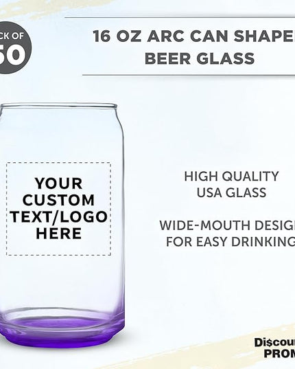 Custom Beer Can Glasses Set of 50, 16 oz. Pint Sized, Promotional Text, Logo, Soda Can Shape, Glassware, Purple