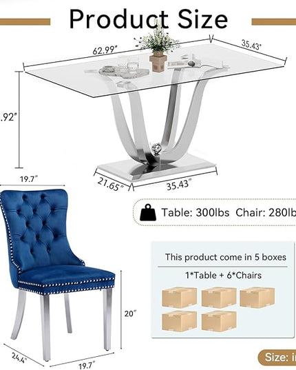 70" Modern Silver Glass Dining Table Set for 6, 7-Piece Rectangle Kitchen Dining Room Table Set with Steel Base & 6 Blue Velvet Upholstered Chairs, Modern Glass Kitchen Table and Chairs Set of 6