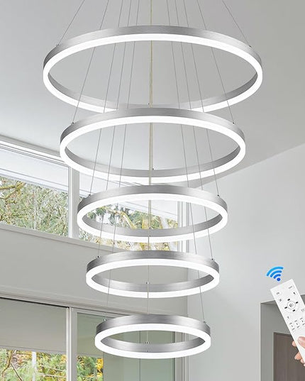 5-Rings Modern LED Chandelier Silver High Ceiling Chandelier with Remote Control Dimmable Pendant Lighting for Dining Room Foyer Living Room Entryway Staircase(3000K-6500K, D23.6’’)