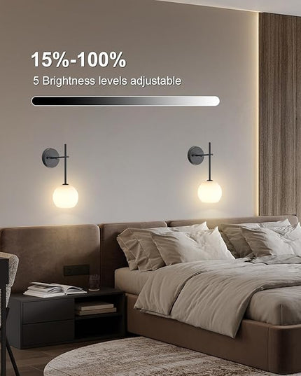Black Battery Operated Wall Sconces Set of 2, Rechargeable Wireless Wall Lights with Milky White Frosted Glass Shade, 12 RGB and 3CCT Dimmable, Wall Lamps with Remote for Bedroom Living Room Hallway