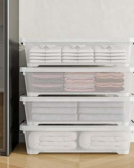 4Pack 40 Qt Plastic Under Bed Storage Organizer Bin Container with Secure Lids and Durable Wheels, Clear