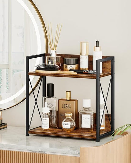 Giikin Kitchen Counter Shelf, Kitchen Countertop Organizer, 2 Tier Spice Rack for Counter, Wood Coffee Bar Organizer for Coffee Station (Brown, L)