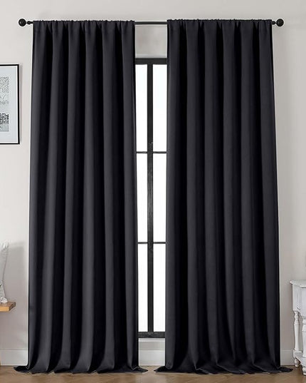 Gwine Black Blackout Curtains for Bedroom 96 Inch Length, Room Darkening Energy Saving Black Out Curtains for Living Room, Window Treatment Drapes with Rod Pocket, Each 50" Wx96 L, 2PC