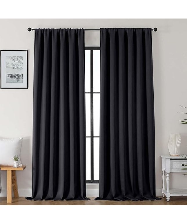 Gwine Black Blackout Curtains for Bedroom 96 Inch Length, Room Darkening Energy Saving Black Out Curtains for Living Room, Window Treatment Drapes with Rod Pocket, Each 50" Wx96 L, 2PC