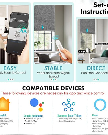 Motorized Blinds with Remote, Hub-Free Smart Blinds Work with Alexa, Automatic Roller Shades for Windows with Matter Motor, Cordless Blackout Shades, Solar Panel, Rechargeable, Grey, 29*72