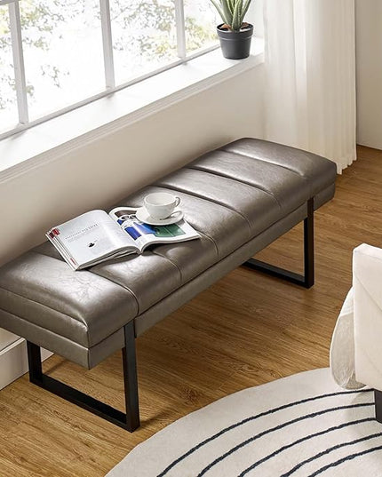 HULALA HOME 53" Faux Leather Entryway Bench, Button Tufted End of Bed Bench Ottoman for Bedroom, Living Room with Metal Base, Grey