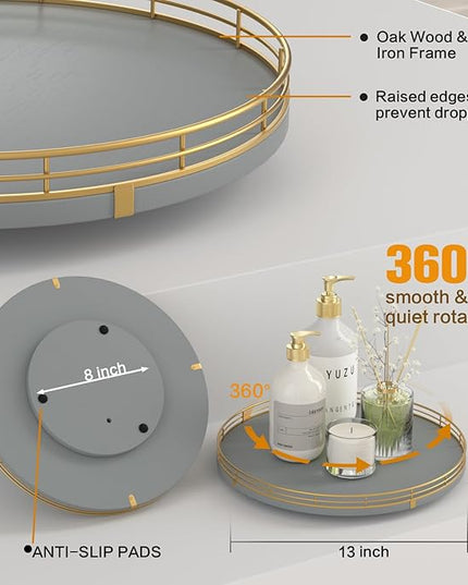 13" Wooden Lazy Susan Turntable for Cabinet – Round Rotating Spice Rack Organizer, Gray Kitchen Countertop Tray for Dining Table & Pantry Storage（Gray & Gold）