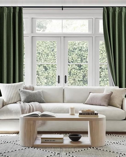 YZ HOME Olive Green Pinch Pleated Linen Blackout Curtains 84 Inch Length 2 Panels for Bedroom Living Room Darkening Thermal Insulated Farmhouse Back Tab Pinch Pleat Drapes with Hooks
