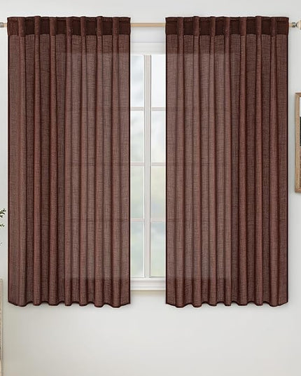 MIULEE Chocolate Brown Linen Curtains 54 Inch Length 2 Panels for Bedroom Living Room, Soft Thick Linen Textured Natural Short Window Drapes Semi Sheer Light Filtering Back Tab Rod Pocket