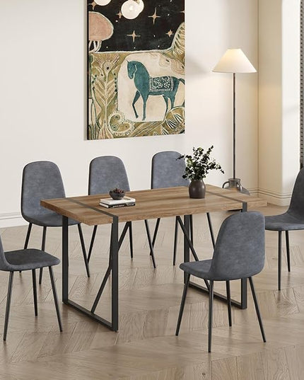 6 Chair Dining Table Set，Dinner Table Set for 6, 55'' Kitchen Table and Suede Nap Fabic Chairs Set of 6, 7 Piece Dining Table Set for Kitchen Dining Room