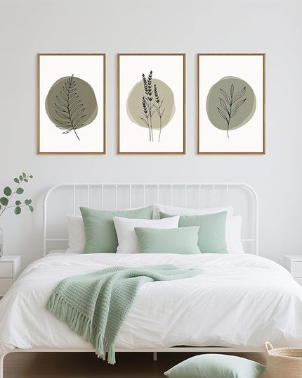 HOURIA Sage Green Leaves Framed Canvas Wall Art Set,Minimalism Boho Leaf Wall Decor, Modern Nature Botanical Wall Painting,Mid Century Plant Art Prints for Living Room,Bedroom,Farmhouse-16 x24 x3