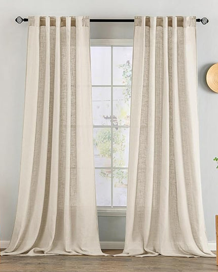 MIULEE Beige Linen Curtains 96 Inches Long 2 Panels for Bedroom Living Room, Soft Linen Textured Window Drapes Semi Sheer Light Filtering Back Tab Rod Pocket Farmhouse Modern Burlap Look Decor