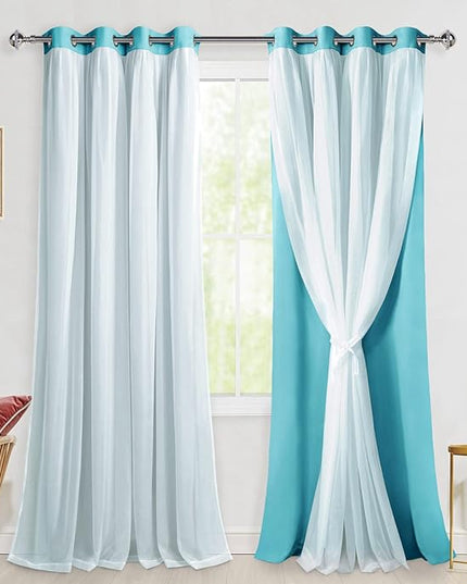 Hiasan Mix & Match Blackout Curtains with Sheer Overlay, Double Layer Sun Blocking Thermal Insulated Grommet Window Curtains for Bedroom, Living Room, 2 Panels with Tiebacks, Turquoise, 52W X 108L
