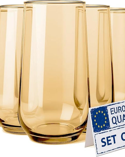 Amber Drinking Glasses Set of 6 | 16 oz Amber Glass Cups | Highball Drinkware for Cocktails, Long Drink, Water, Mojito, Juice, Soda