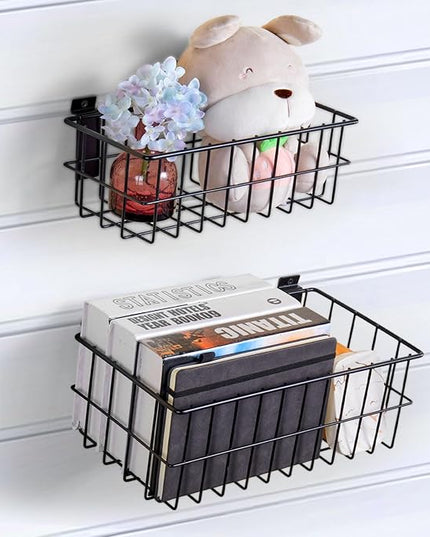 4Pcs Slatwall Basket Set Ventilated Metal Slatwall Baskets Hanging Storage Baskets for PVC Slatwall, Mounted Slatwall Accessories Storage Display on Garage Slatwall Panels