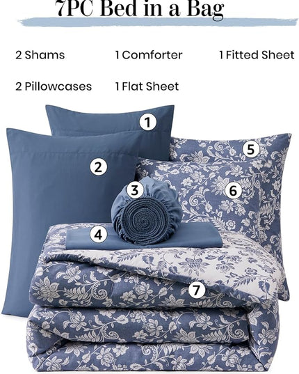 King Comforter Set -7 Pieces Floral Oxford Blue Comforter Set for All Seasons, Bed in a Bag King with Botanical Flowers Comforter, Sheets, Pillowcases & Shams