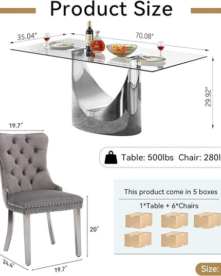 7 Piece Dining Table Set, Modern Glass Dining Table Set for 6 with Velvet Chairs, 70" Luxury Dining Table Chairs Set of 6, Kitchen Dining Room Sets for Dinner Dinette Breakfast Banquet, Grey+Silver