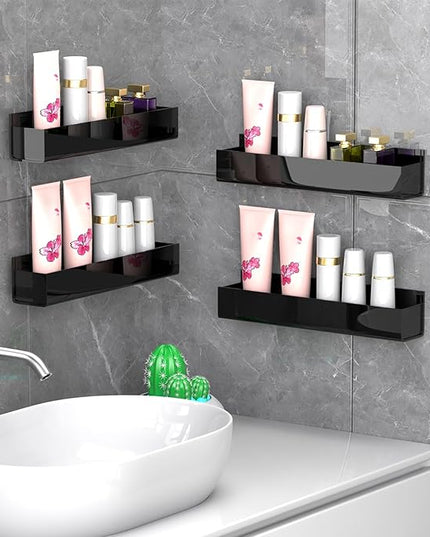 PMMASTO Adhesive Acrylic Spice Rack Organizer for Wall with Nano Double Sided Tape, Spice Shelf Organization for Kitchen Cabinet Door/Pantry Door, Wall Mount Seasoning Rack (Black - 4 Pack)