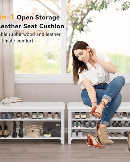 Shoe Bench Storage Rubberwood with Leather Cushion for Entryway Bench Ideal for Hallways Shoe Rack Front Doors Entrances Mudrooms Featuring 3 Height-Adjustable and Removable Shelves