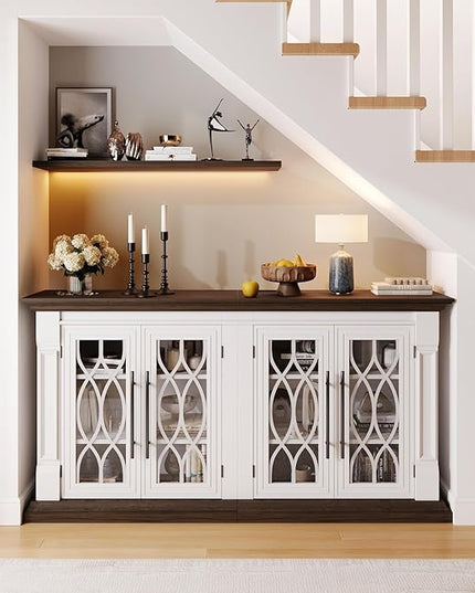 LGHM 60" Sideboard Buffet Cabinet with 4 Screen-Printed Glass Doors, Storage Cabinet with 2 in 1 Modular Design, Versatile Modern Credenza with Adjustable Shelves for Kitchen & Living Room