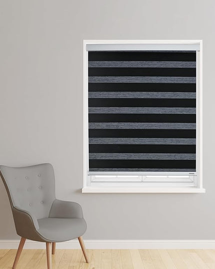 ShadesU Cordless Zebra Blinds – Light Filtering Dual-Layer Window Shades for Privacy (Black Color) (Maximum Height 72") (Width 79")