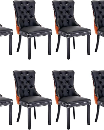 SoarFlash Leather Dining Chairs Set of 8, Tall Back Side Chair, Modern Upholstered Side Chair with Button Back Ring, Solid Wood Legs (Black&Orange)