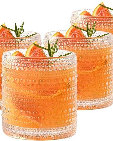 Set of 4 Hobnail Drinking Glasses,15.2 Oz Romantic Water Glasses, Clear Embossed Design Vintage Glassware, Cocktail Glasses, Beaded Drinking Glasses for Water, Beer, Juice(15oz+4")