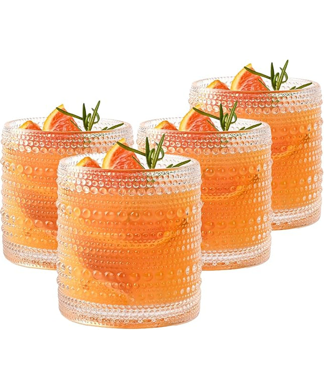Set of 4 Hobnail Drinking Glasses,15.2 Oz Romantic Water Glasses, Clear Embossed Design Vintage Glassware, Cocktail Glasses, Beaded Drinking Glasses for Water, Beer, Juice(15oz+4")