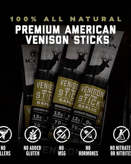 ICON Meats Venison and Pork Snack Sticks, Garlic Flavor, 24 Pack High Protein Snacks, Sugar Free, Natural Jerky Meat Sticks, Gluten Free, USDA Inspected, Made in the USA, Gifts & Stocking Stuffers