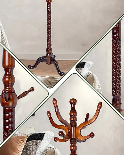 74" Wooden Coat Rack Stand,Coat Racks Freestanding With 14 Hooks And Solid Round Base Heavy Duty Adjustable Height Hall Tree Coat Rack for Entryway Hallway Foyer Office Bedroomf (Triangle Antique)