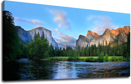 Canvas Wall Art Panorama of Yosemite Valley Painting Canvas Artwork Lake Mountain National Park Nature Pictures Framed Wall Art for Living Room Bedroom Office Wall Decor Home Decoration 24" x 48"