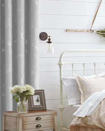 BUHUA Wave Silver Leaf Print Blackout Curtains for Living Room Darkening Curtains Light Blocking Curtains for Bedroom 52W×84L Silver Grey 2 Panels