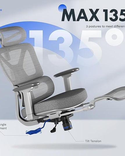 FLEXISPOT ErgoX Premium Ergonomic Office Chair with Footrest- Adjustable 3D Armrests, Dynamic Lumbar Support, Recline & Tilt Function, Mesh Seat, for Home & Office Use,Foam Grey