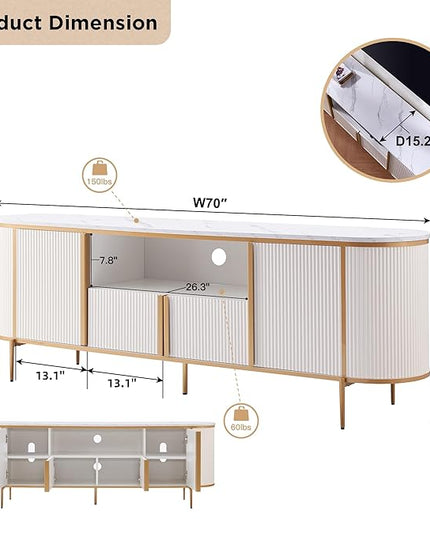 OKD Luxury 70" Fluted TV Stand, Modern Chic Entertainment Center for TVs Up to 80 inches, TV Console with Faux Marble Top, Curved Profile Design, Media Console for Living Room, Off White