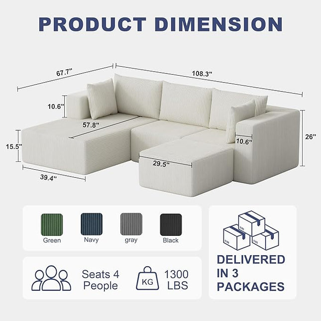 108" Boneless Couches for Living Room, Modular Cloud Couch Sofa - 4 Pieces U Shap Corduroy Sectional Sofa, Fluffy Memory Foam Sleeper Sofa Furniture, No Assembly, Wide Armrest, Beige