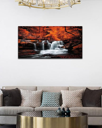 Large Canvas Wall Art Waterfall Autumn Forest Canvas Picture Stream River Landscape Red Tree Modern Canvas Artwork Contemporary Nature Picture Living Room Bedroom Home Office Wall Decor 24" x 48"