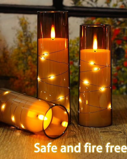 Flickering Flameless LED Candles, 9 Pcs with Embedded Star String, Acrylic LED Pillar Candles with Remote, Suitable for Home Decoration (Grey)