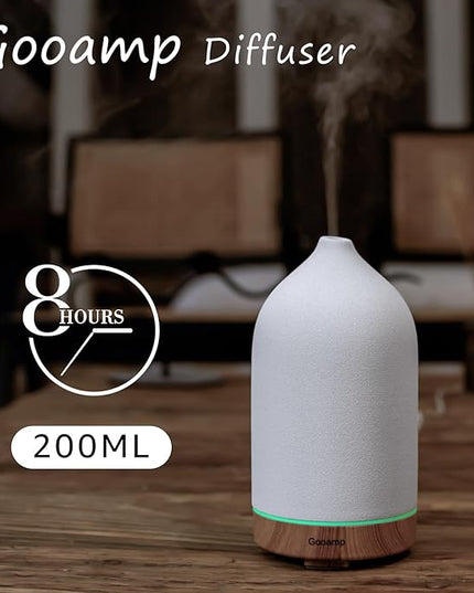 200ML Ceramic Essential Oil Diffuser - Ultrasonic Aromatherapy & Humidifier with 7-Color LED Lights, Auto Shut-Off, Wood Grain Base, 1H/3H/6H Timer | Scent for Home, Office, Yoga